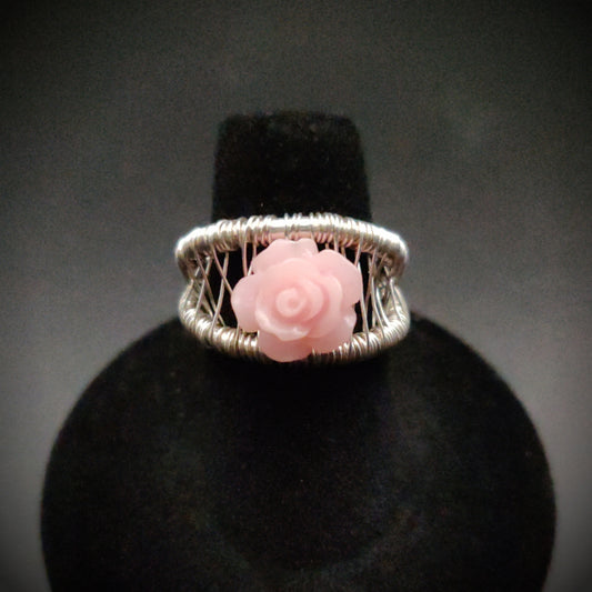 Sterling Silver Pink Rose Flower Ring