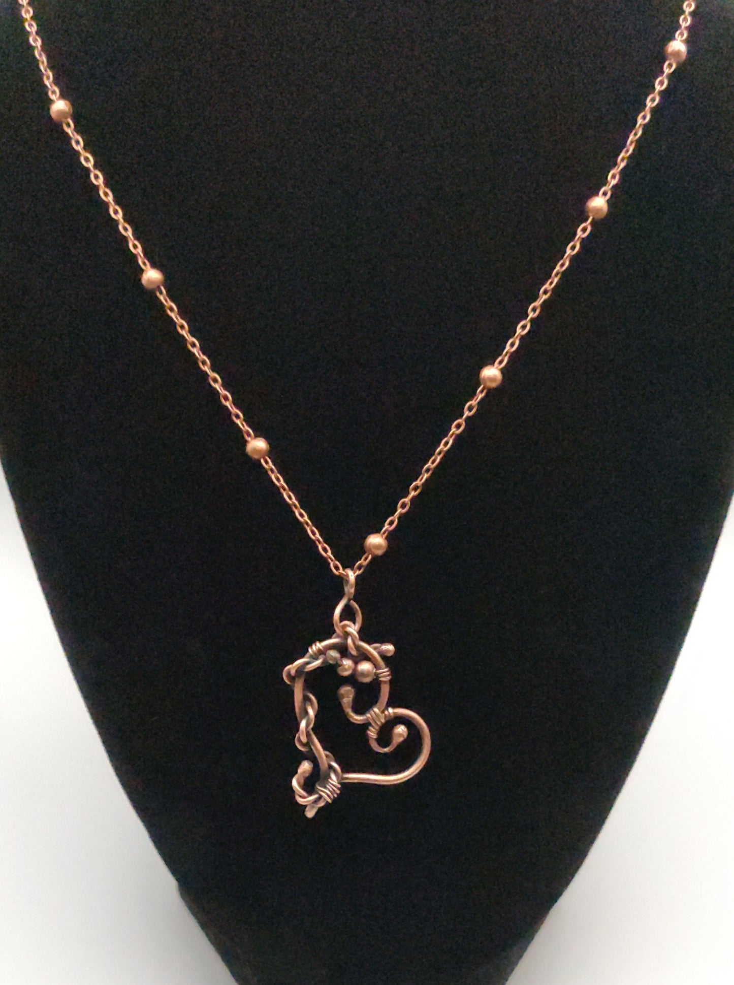 Handmade Antique Copper "Twisted Heart" Pendant with Beaded Necklace