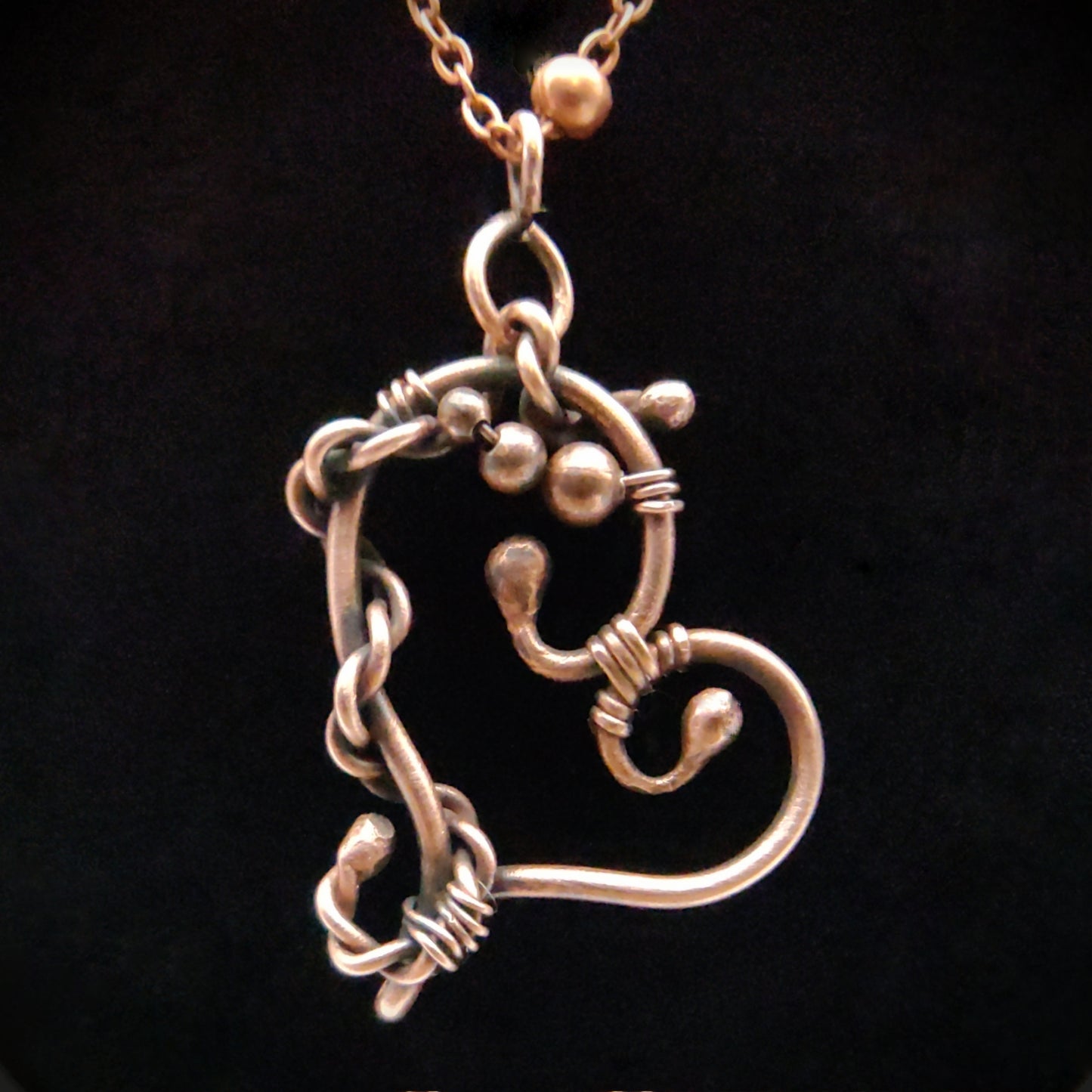 Handmade Antique Copper "Twisted Heart" Pendant with Beaded Necklace