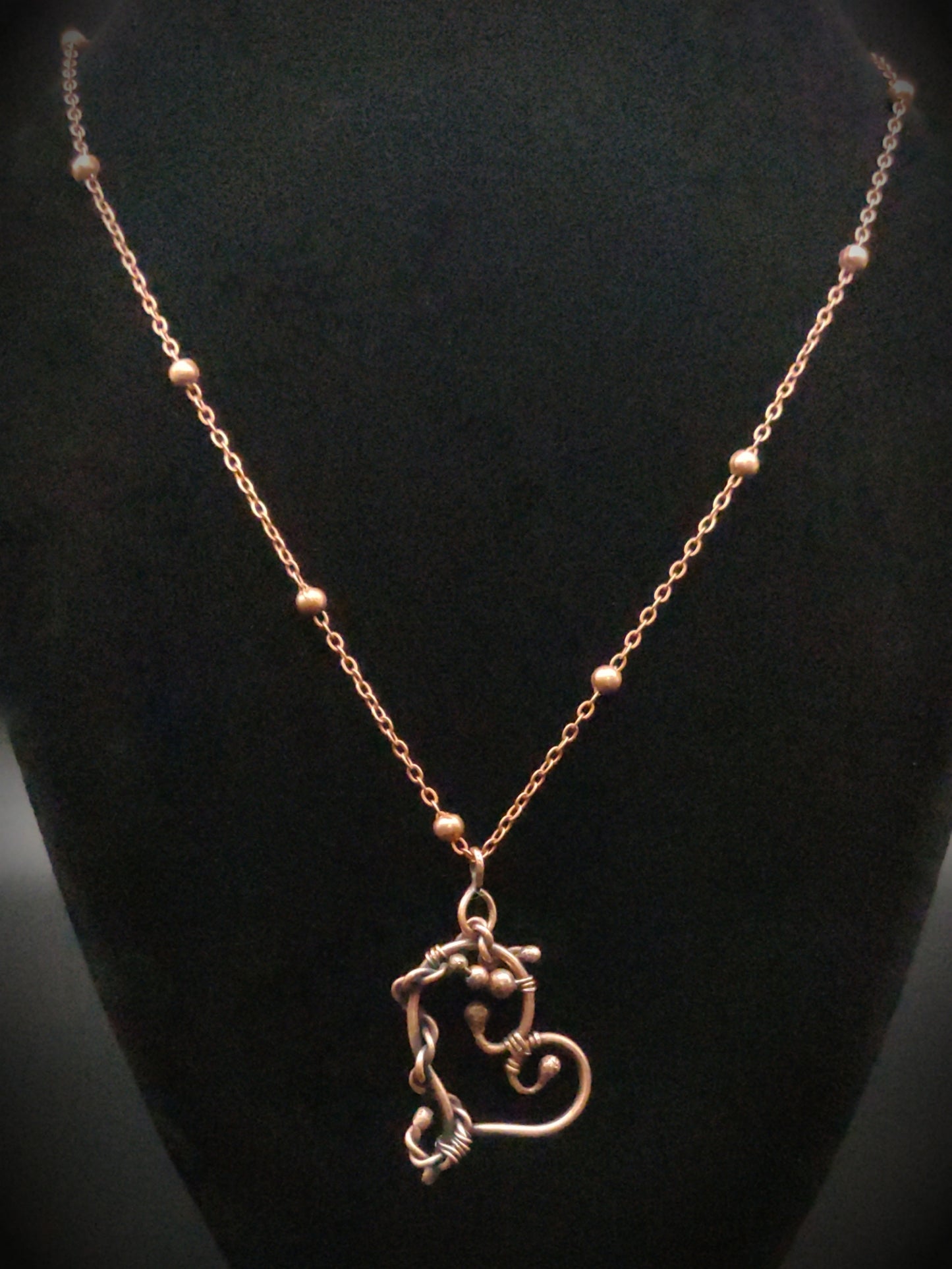 Handmade Antique Copper "Twisted Heart" Pendant with Beaded Necklace