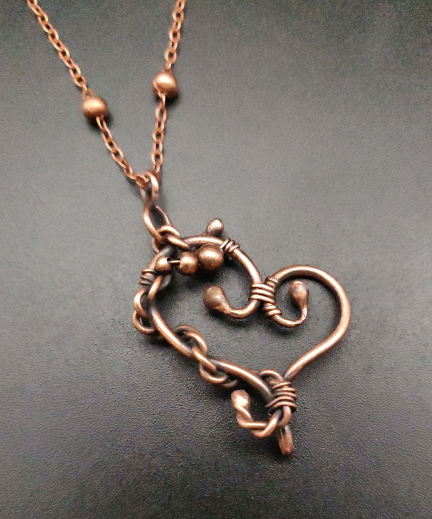 Handmade Antique Copper "Twisted Heart" Pendant with Beaded Necklace