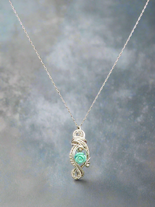 .925 Sterling Silver Blue Rose Flower Pendant Necklace