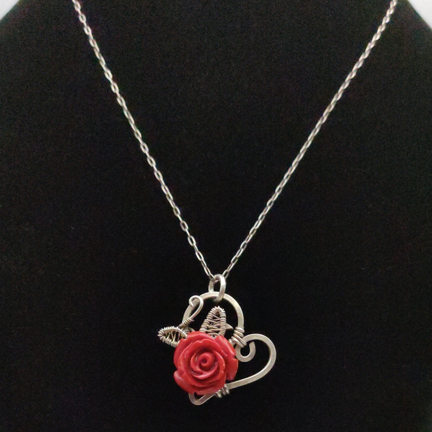 Antique Sterling Silver Red Rose Heart Pendant Necklace