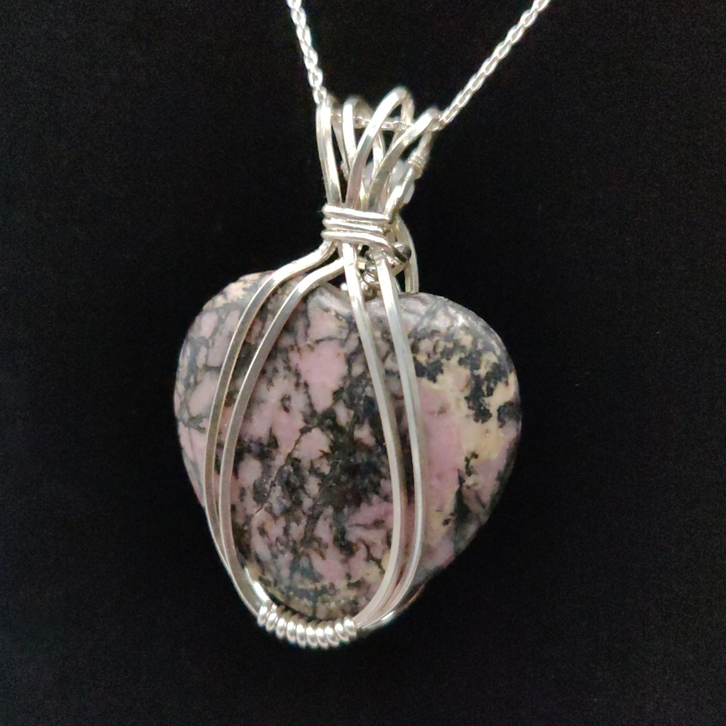 Sterling Silver Double-Sided Rhodonite Heart Pendant