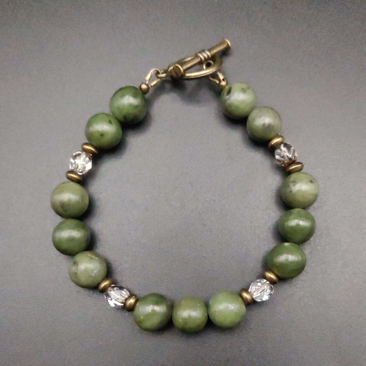 Olive Green Jade & Antique Bronze Beaded Bracelet