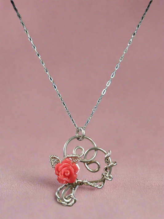 Sterling Silver Pink Rose Flower Heart Necklace