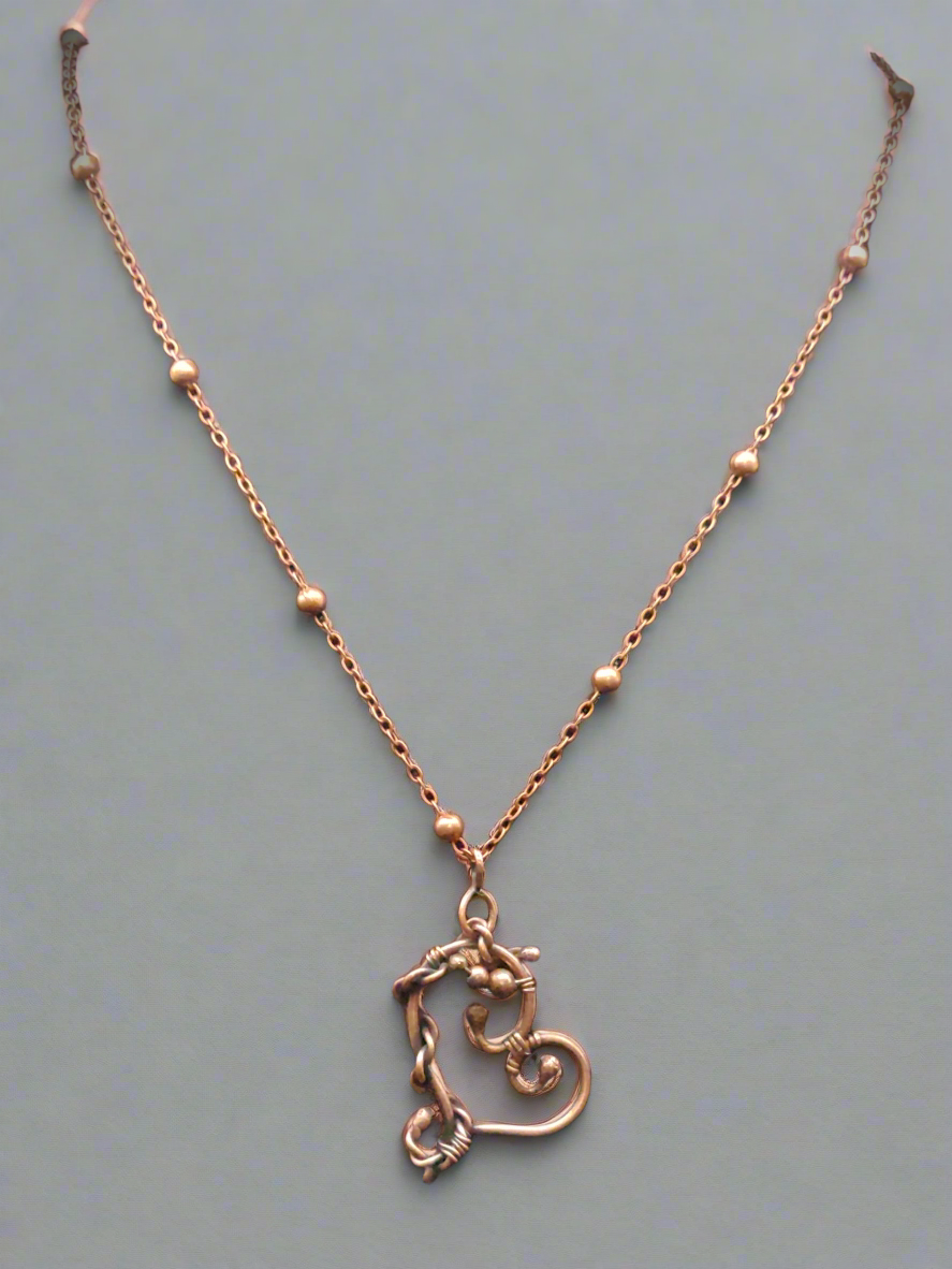 Handmade Antique Copper "Twisted Heart" Pendant with Beaded Necklace