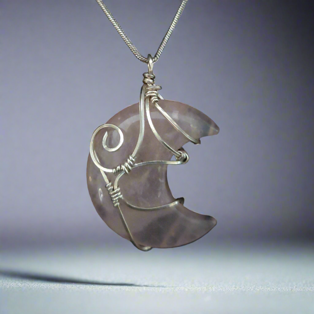 Rose Quartz & Sterling Silver Moon Pendant