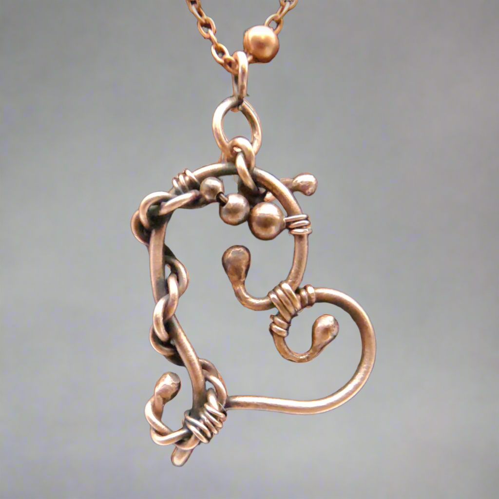Handmade Antique Copper "Twisted Heart" Pendant with Beaded Necklace