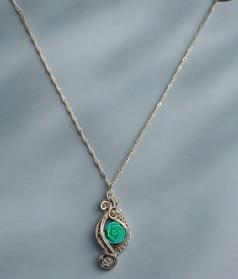 Sterling Silver Turquoise Rose Flower Necklace