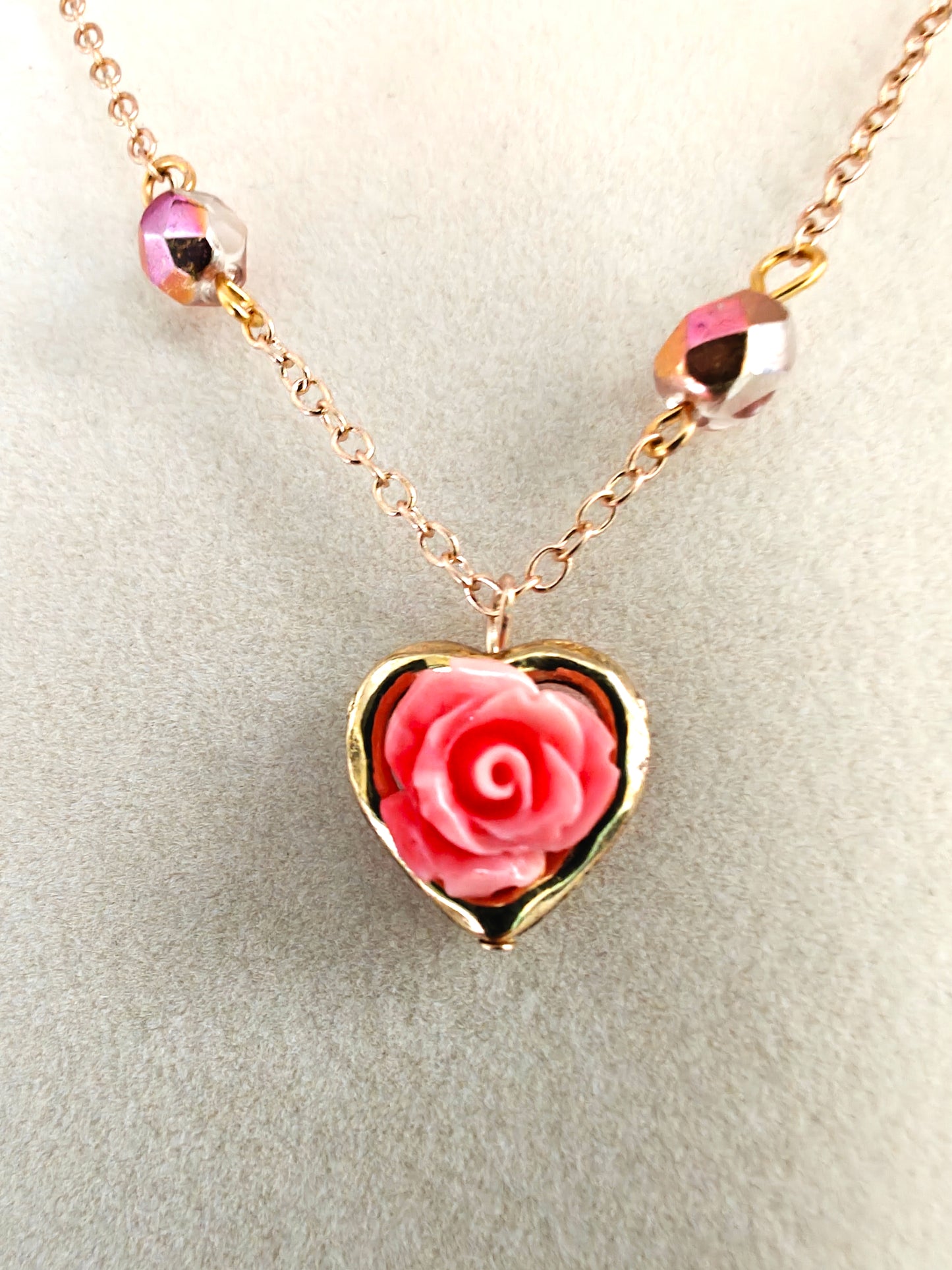 Rose Flower & Heart Gold Pendant Necklace (Multiple Colors)