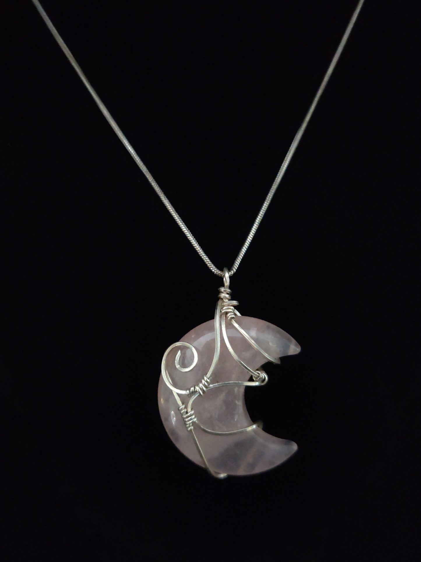 Rose Quartz & Sterling Silver Moon Pendant