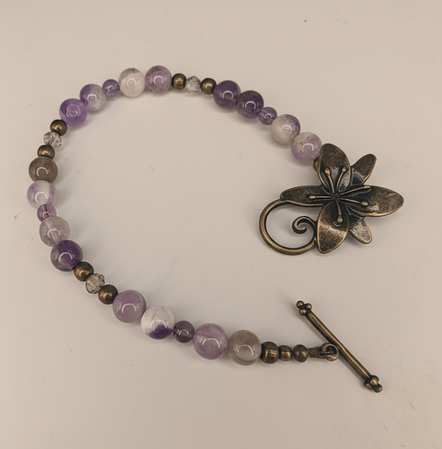 Purple Amethyst & Bronze Beaded Bracelet with Flower Clasp