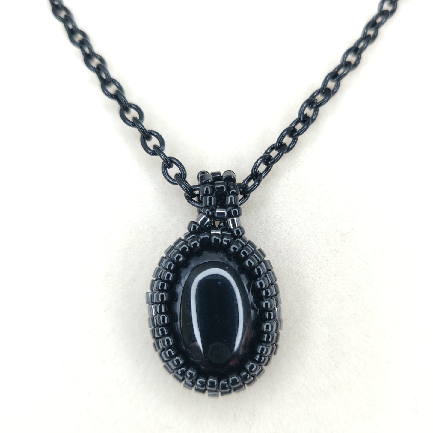 Handmade Black & Gunmetal Beaded Black Onyx Pendant Necklace