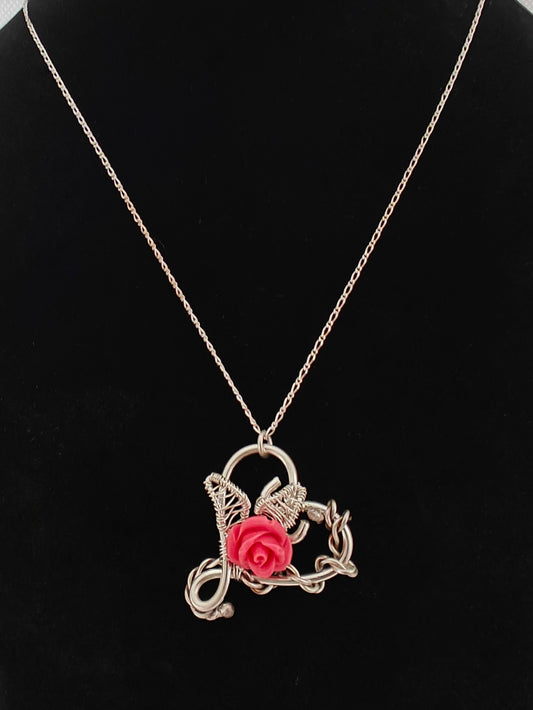 Sterling Silver Pink Rose Flower Heart Necklace