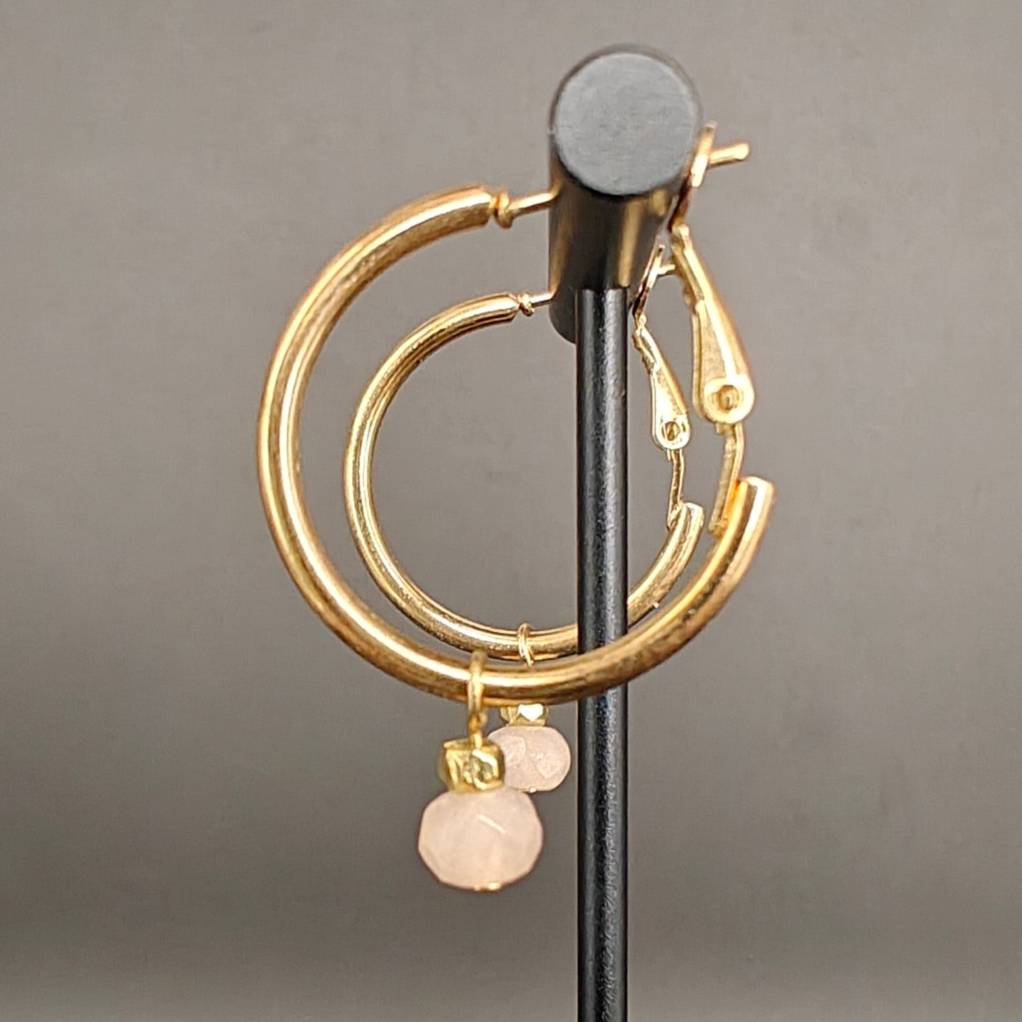 Gold Hoop Earrings with Pink Quartz Drop Bead