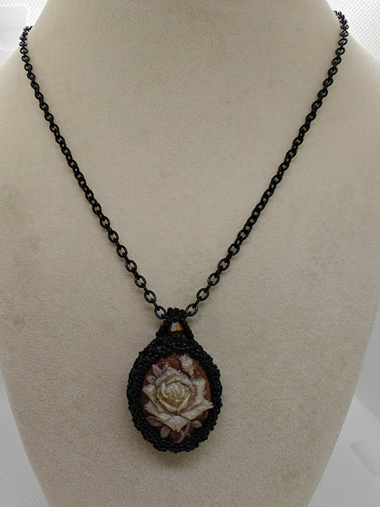 Black Beaded Rose Flower Cameo Necklace