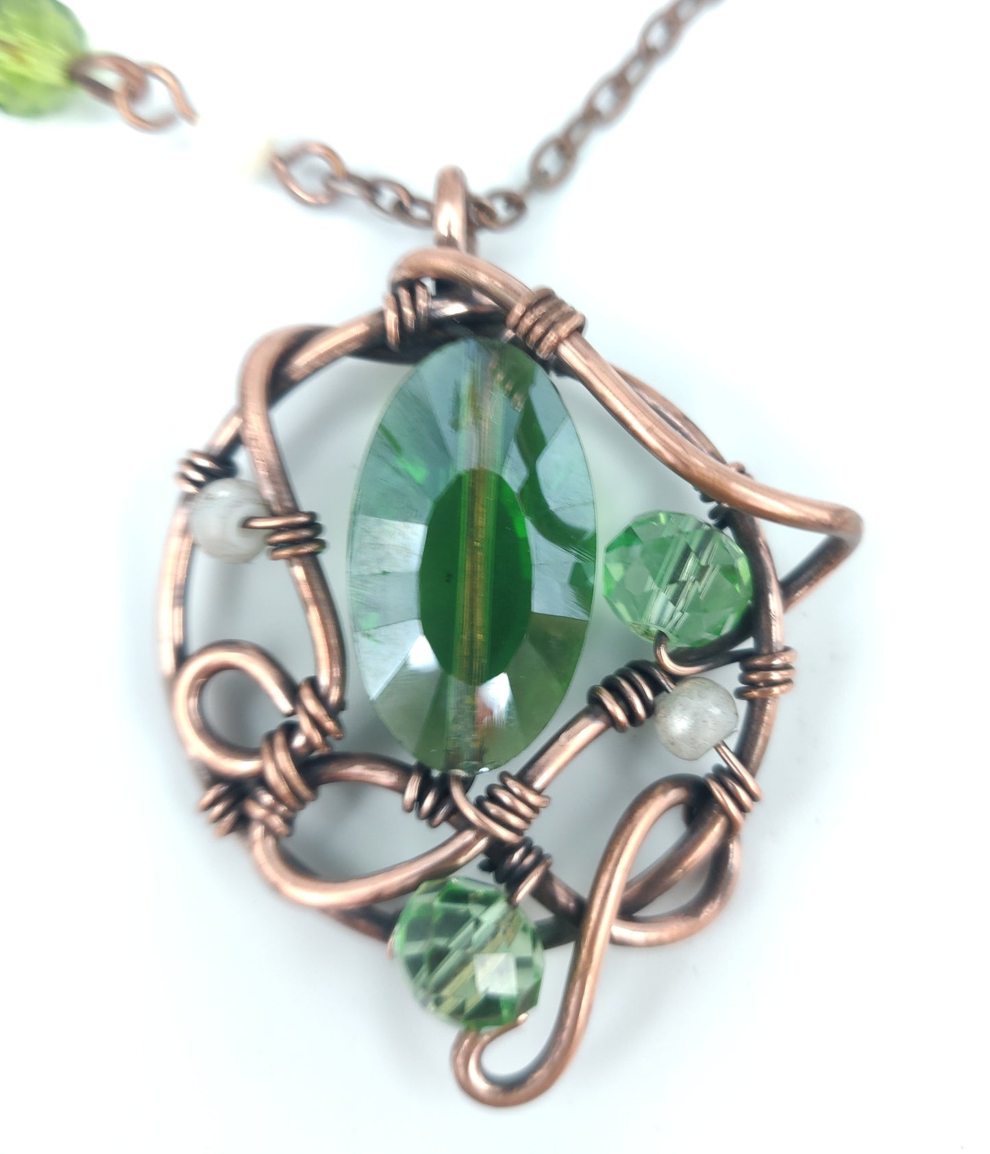 Antique Copper Pendant with Emerald Green Crystal & Malachite Beaded Necklace