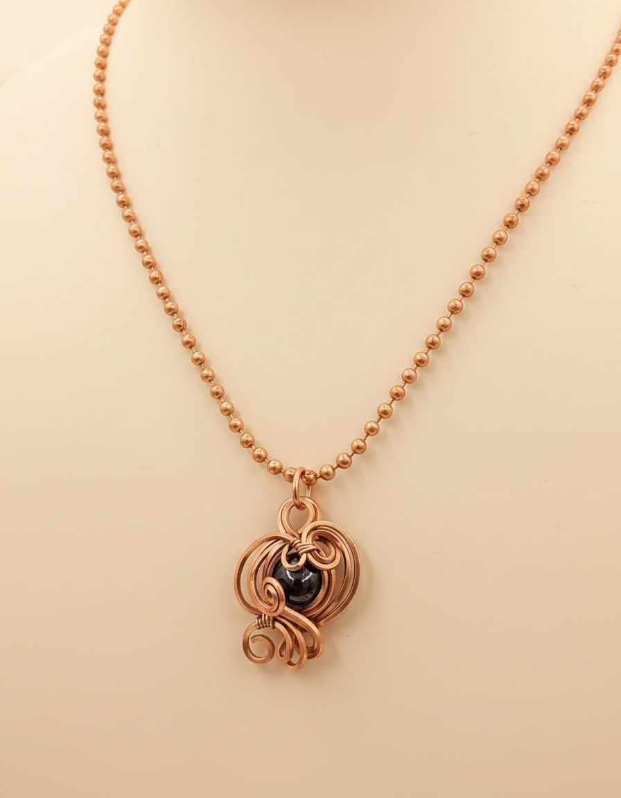 Copper & Garnet Curly Swirl Pendant Necklace