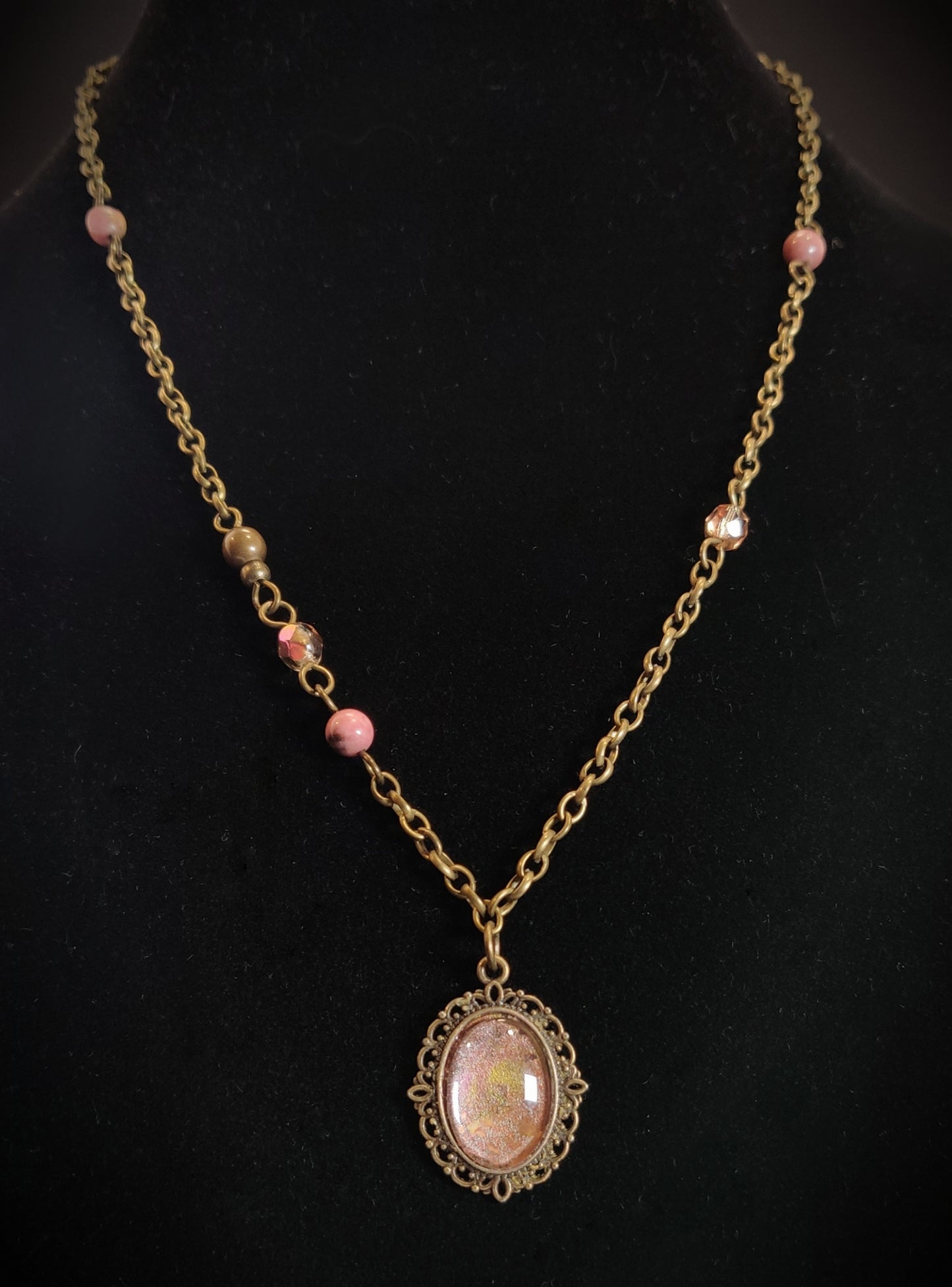 Iridescent Pink & Bronze Cameo Pendant Necklace
