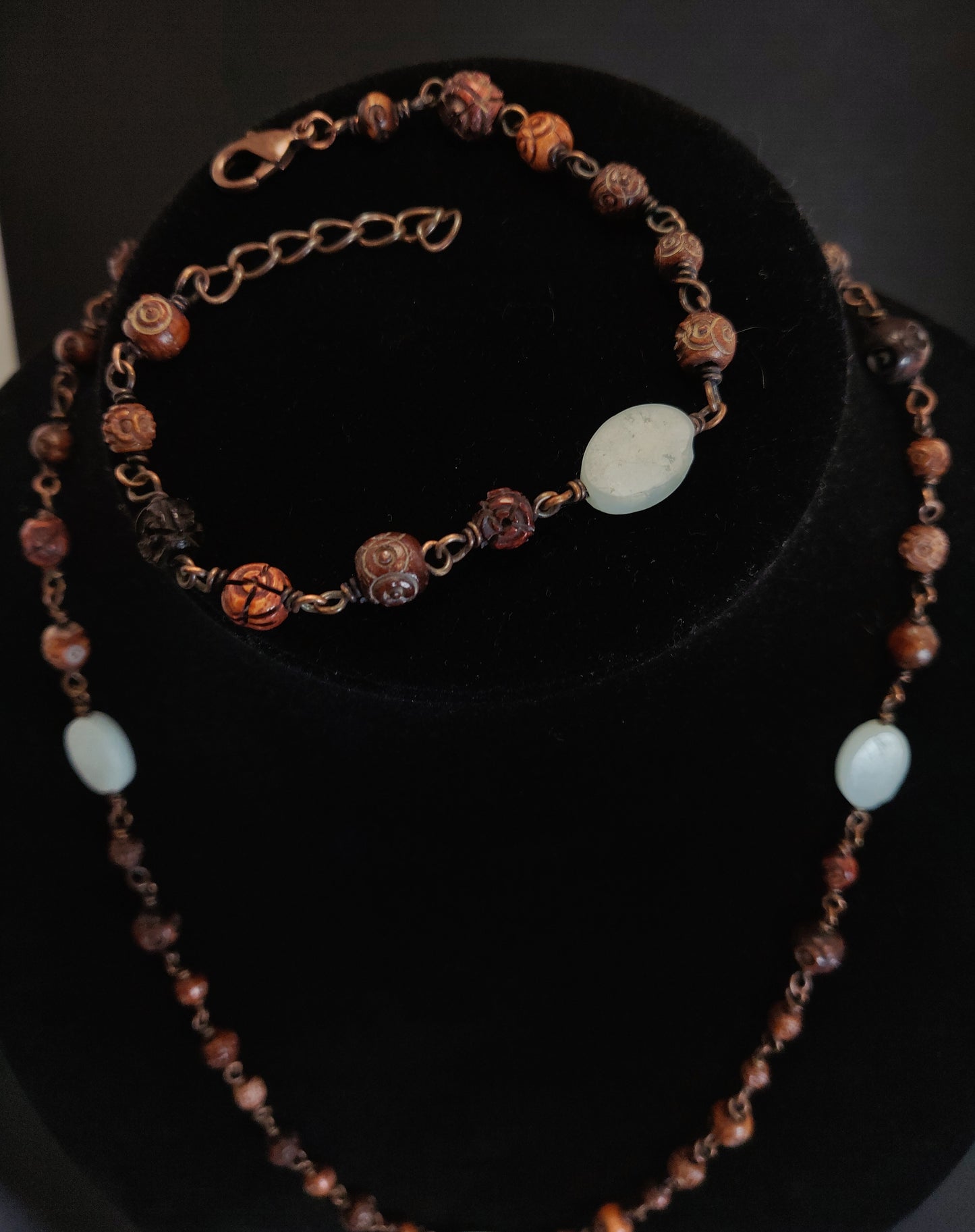 Amazonite & Hand-carved Wooden Bead Copper Necklace & Bracelet Set