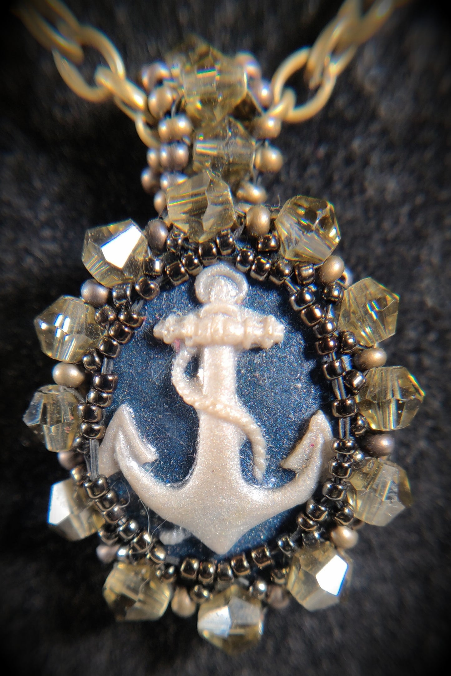 Bronze & Navy Blue Beaded Anchor Cameo Necklace