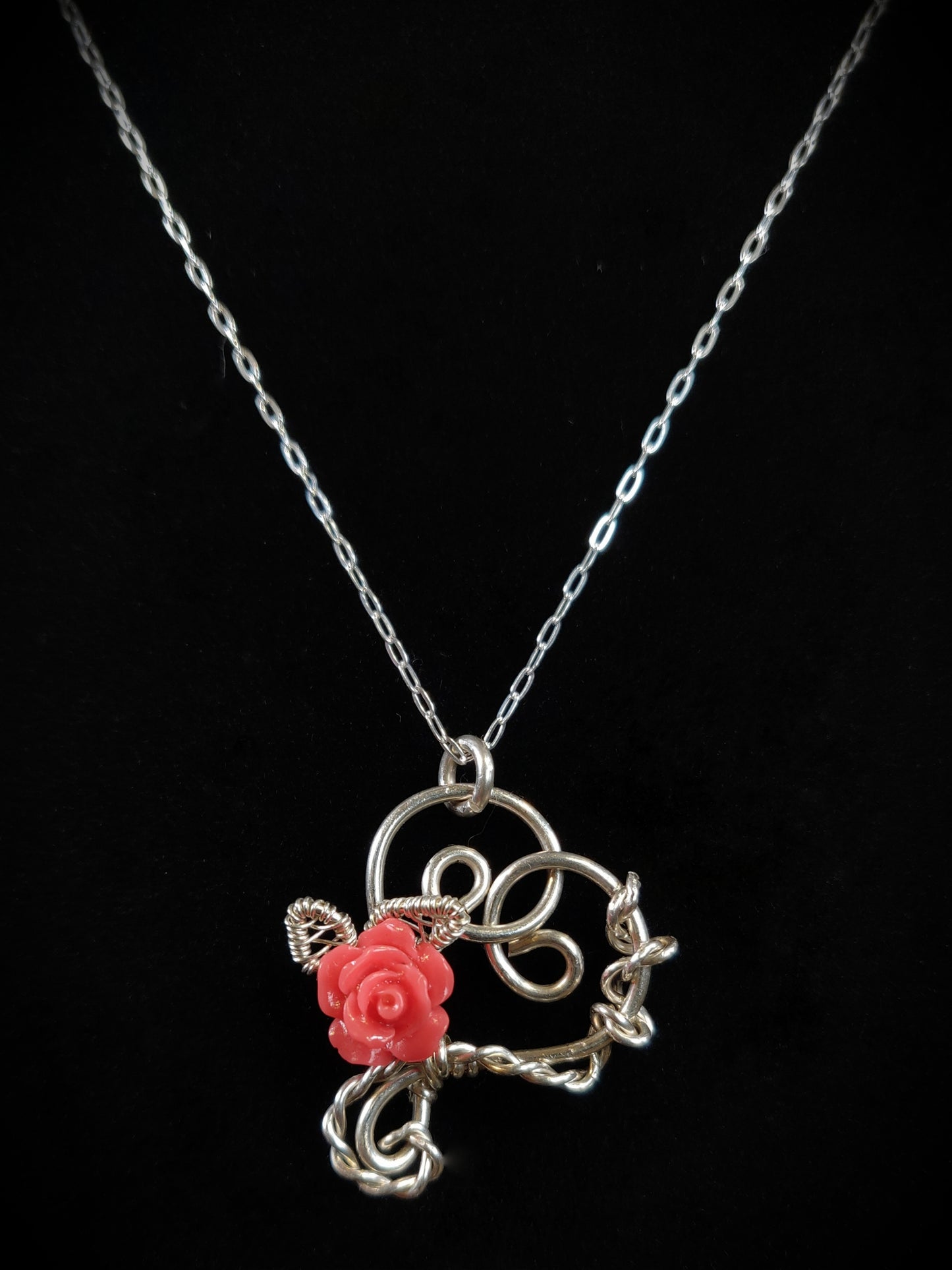 Sterling Silver Pink Rose Flower Heart Necklace