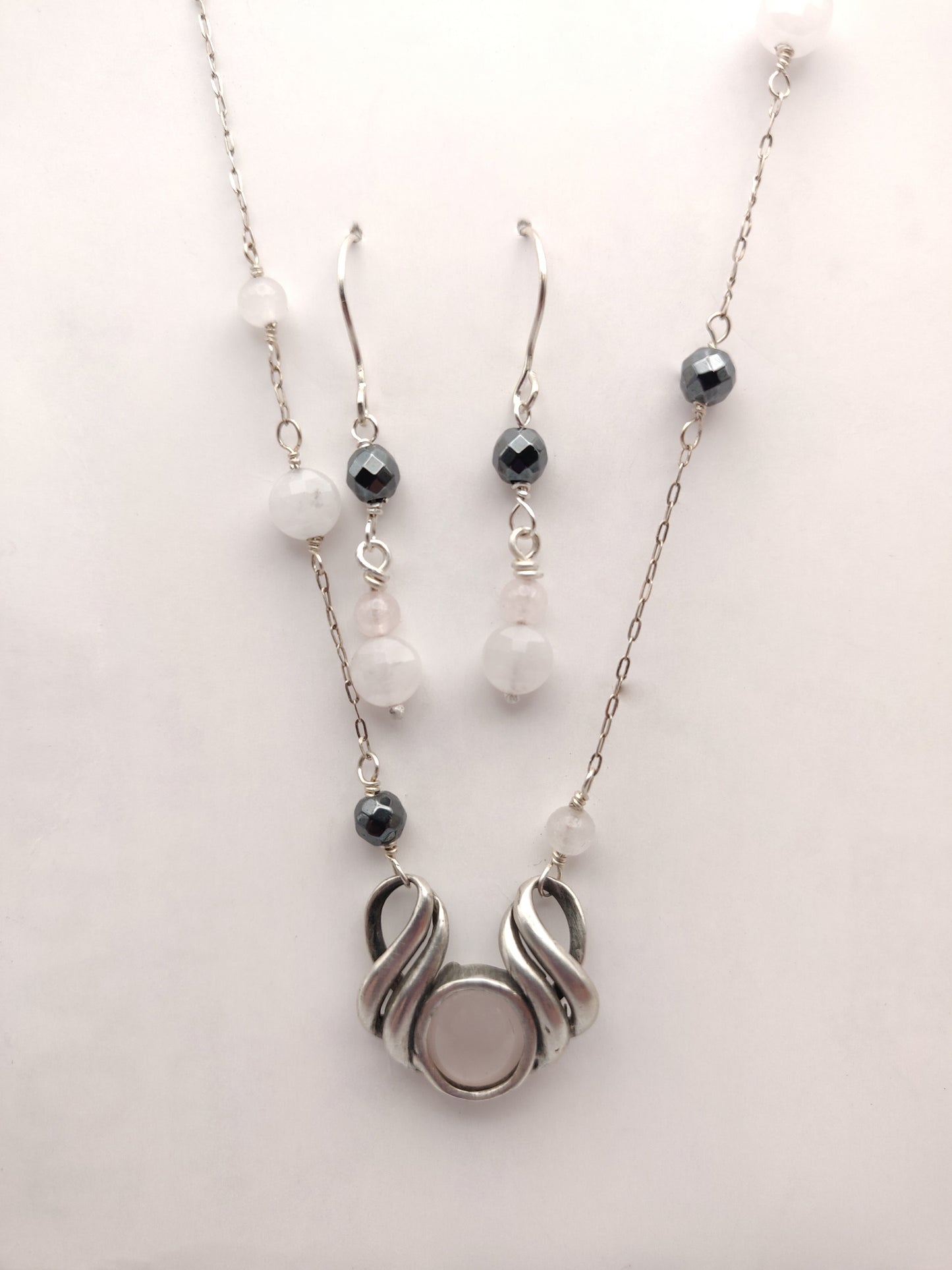 Sterling Silver & Rose Quartz Necklace & Earrings