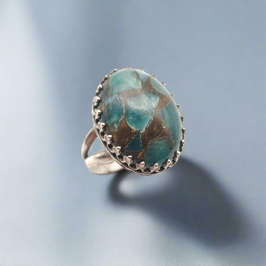 Teal/Gold Jasper Sterling Silver Cocktail Ring