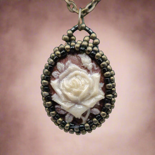 Rose Cameo Bronze Beaded Necklace