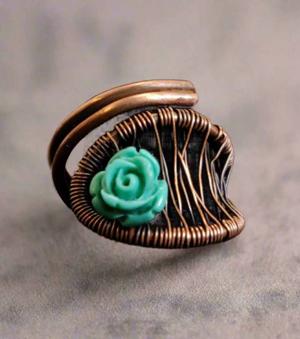 Aqua Blue Flower Copper Wrap Ring