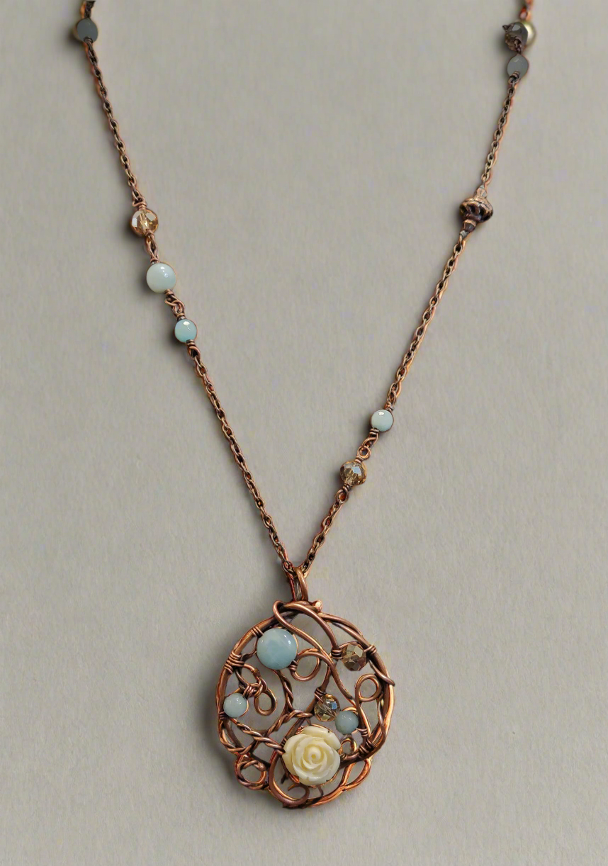 Antique Copper & Amazonite Flower Necklace