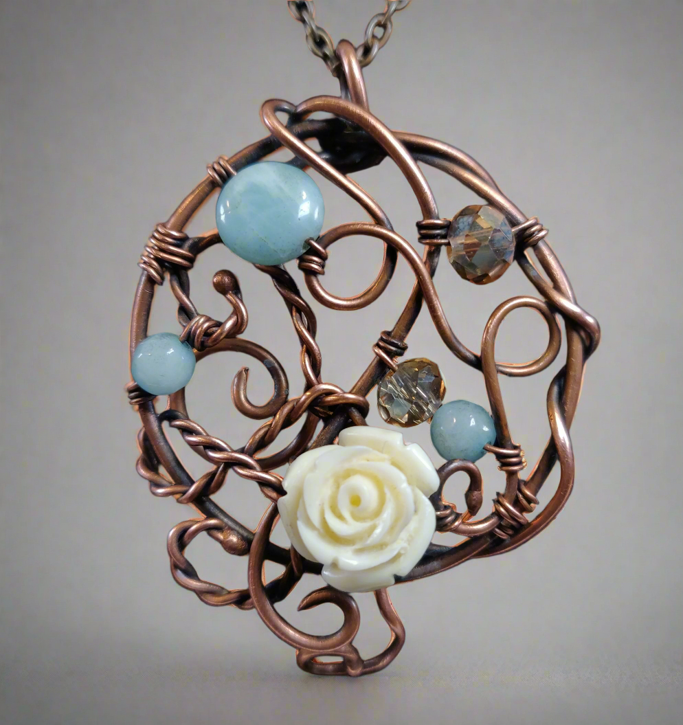 Antique Copper & Amazonite Flower Necklace