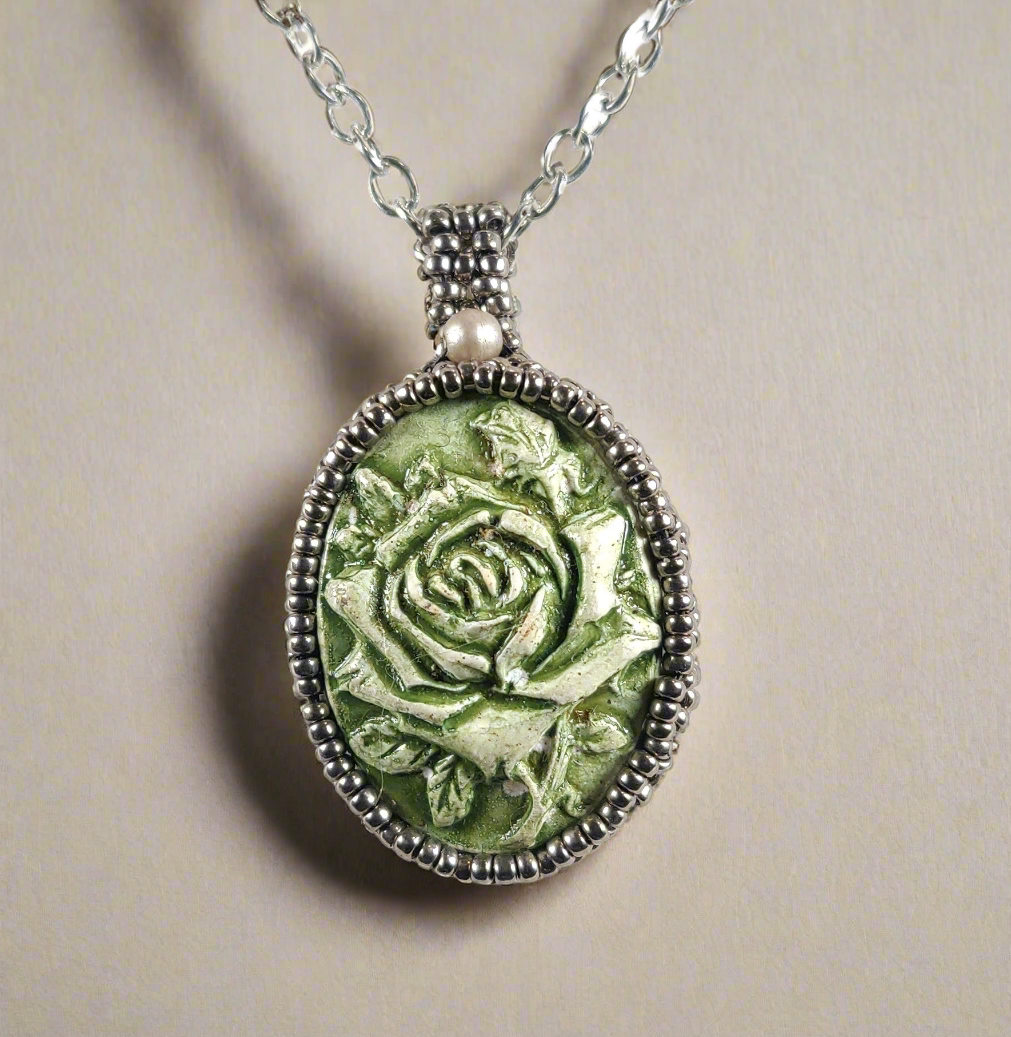 Handmade Beaded Rose Cameo Necklace