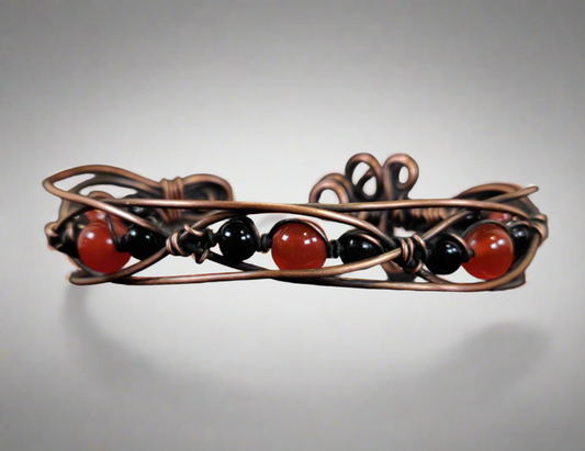 Red Carnelian & Black Tourmaline Copper Cuff Bracelet