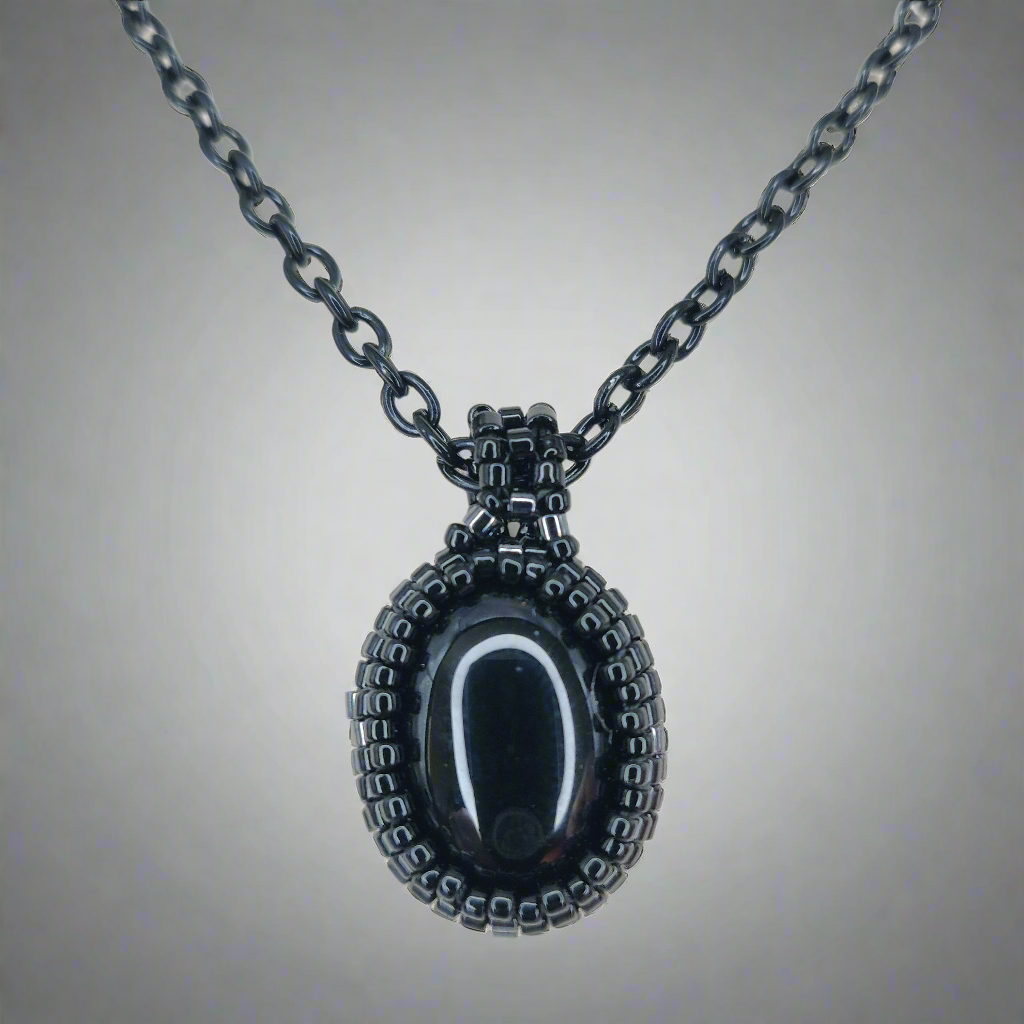 Handmade Black & Gunmetal Beaded Black Onyx Pendant Necklace