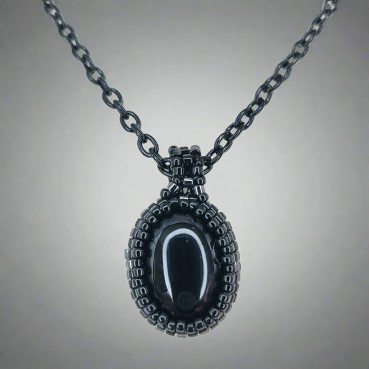 Handmade Black & Gunmetal Beaded Black Onyx Pendant Necklace