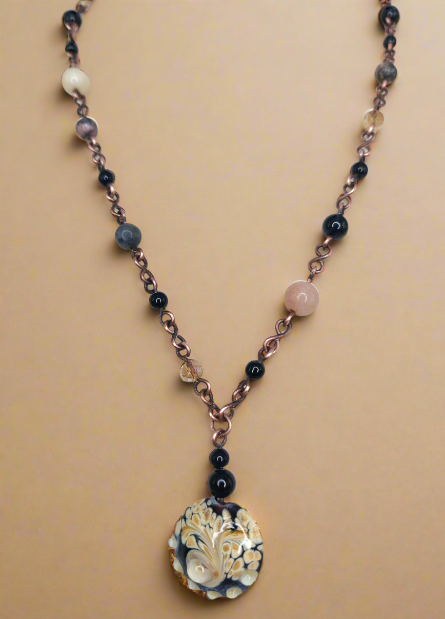 Black Tourmaline, Amazonite & Agate Handmade Copper Beaded Necklace & Earring Set