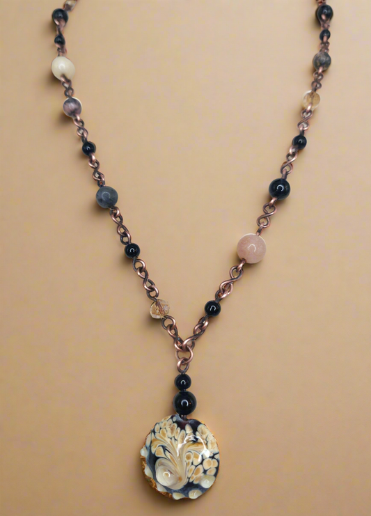 Black Tourmaline, Amazonite & Agate Handmade Copper Beaded Necklace & Earring Set