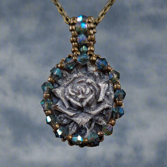 Vintage Navy Blue Rose Beaded Cameo Necklace