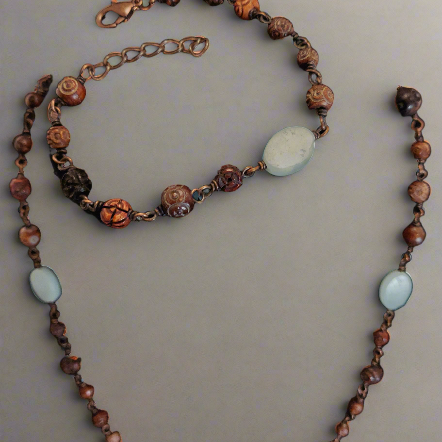 Amazonite & Hand-carved Wooden Bead Copper Necklace & Bracelet Set