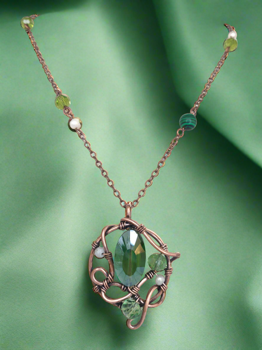 Antique Copper Pendant with Emerald Green Crystal & Malachite Beaded Necklace