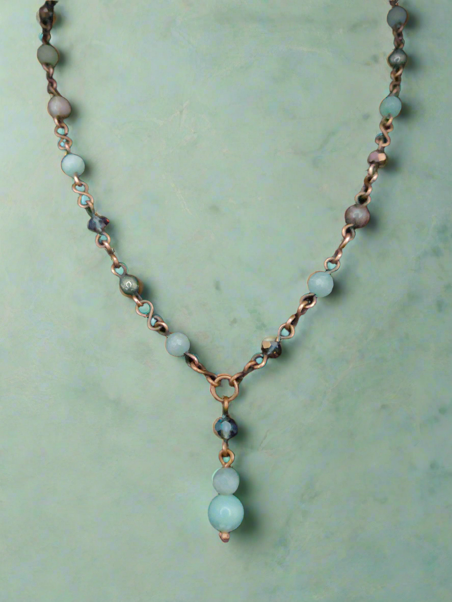 Handmade Amazonite & Pyrite Antique Copper Beaded Rosary-Style Necklace & Earring Set