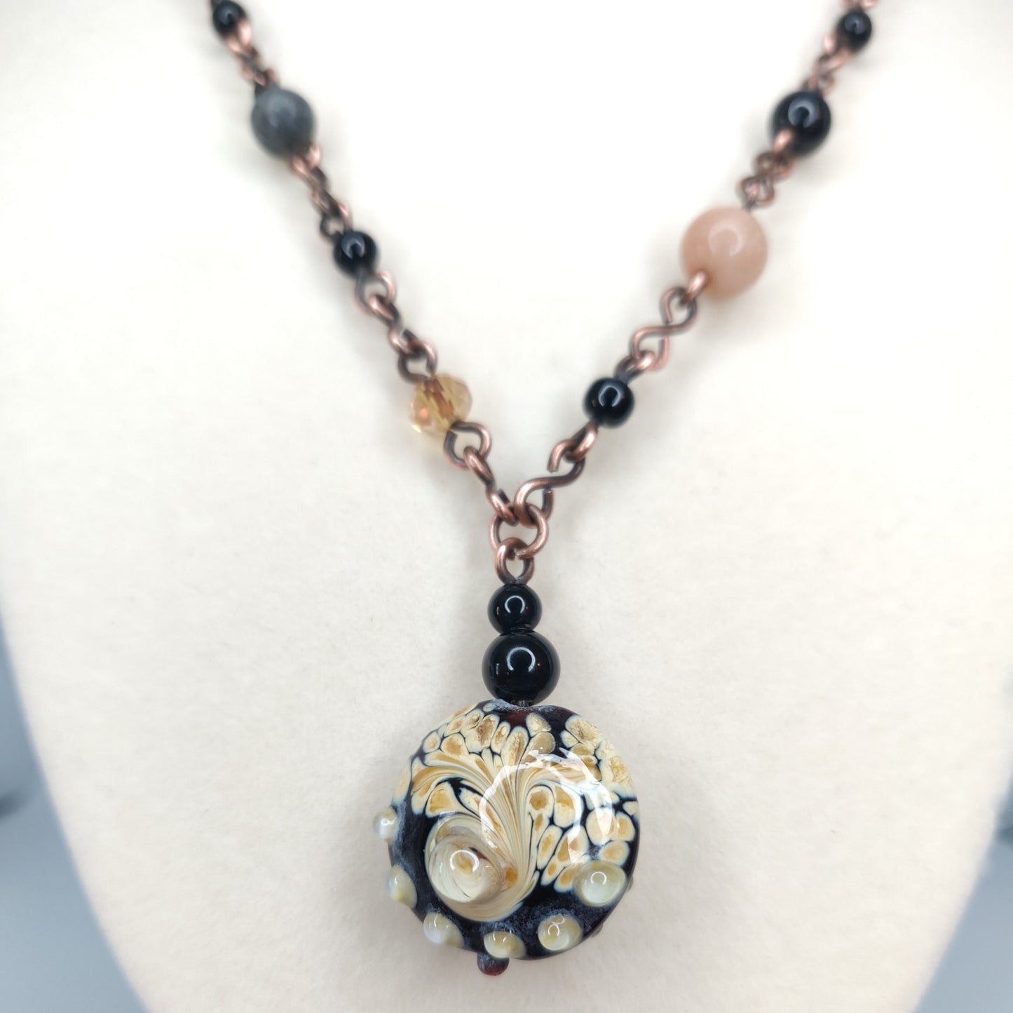 Black Tourmaline, Amazonite & Agate Handmade Copper Beaded Necklace & Earring Set