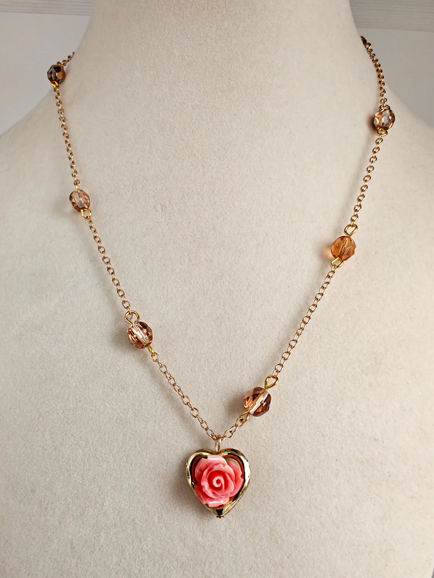 Rose Flower & Heart Gold Pendant Necklace (Multiple Colors)