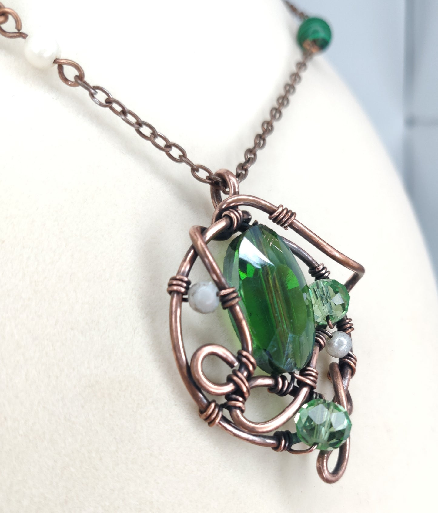 Antique Copper Pendant with Emerald Green Crystal & Malachite Beaded Necklace