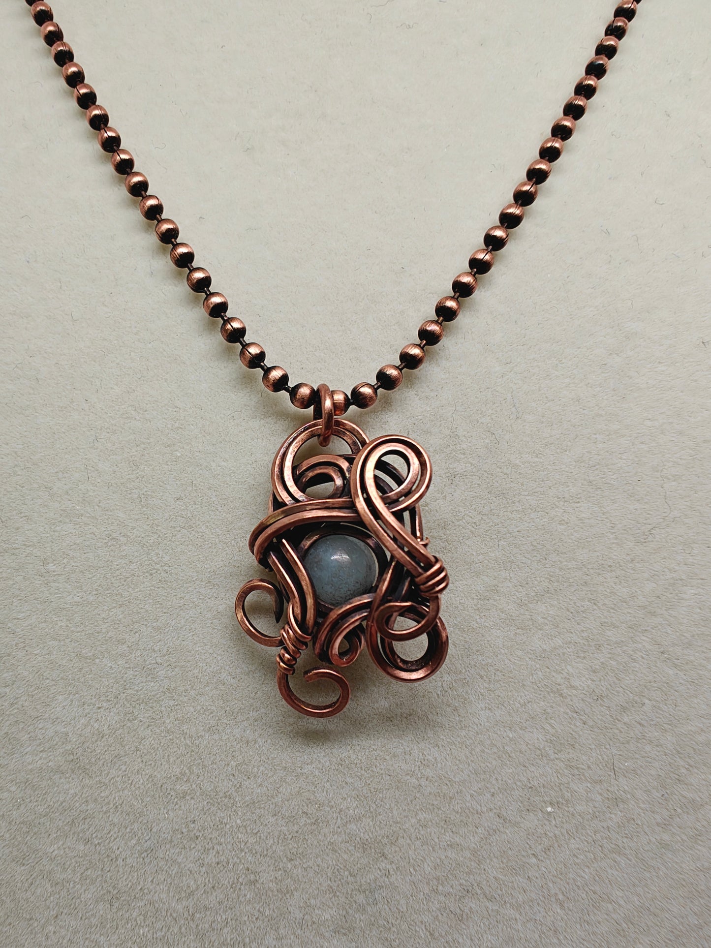 Aquamarine & Antique Copper Swirly Pendant Necklace