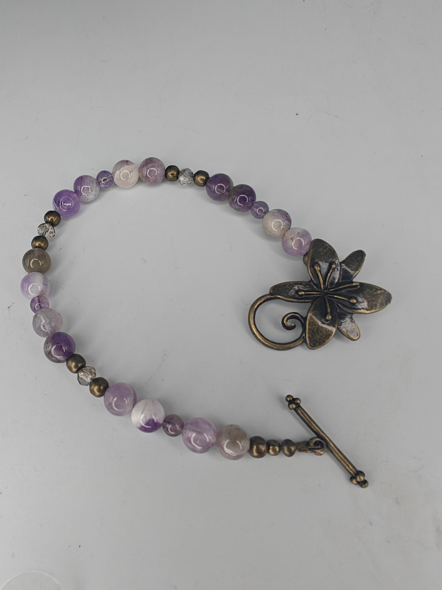 Purple Amethyst & Bronze Beaded Bracelet with Flower Clasp
