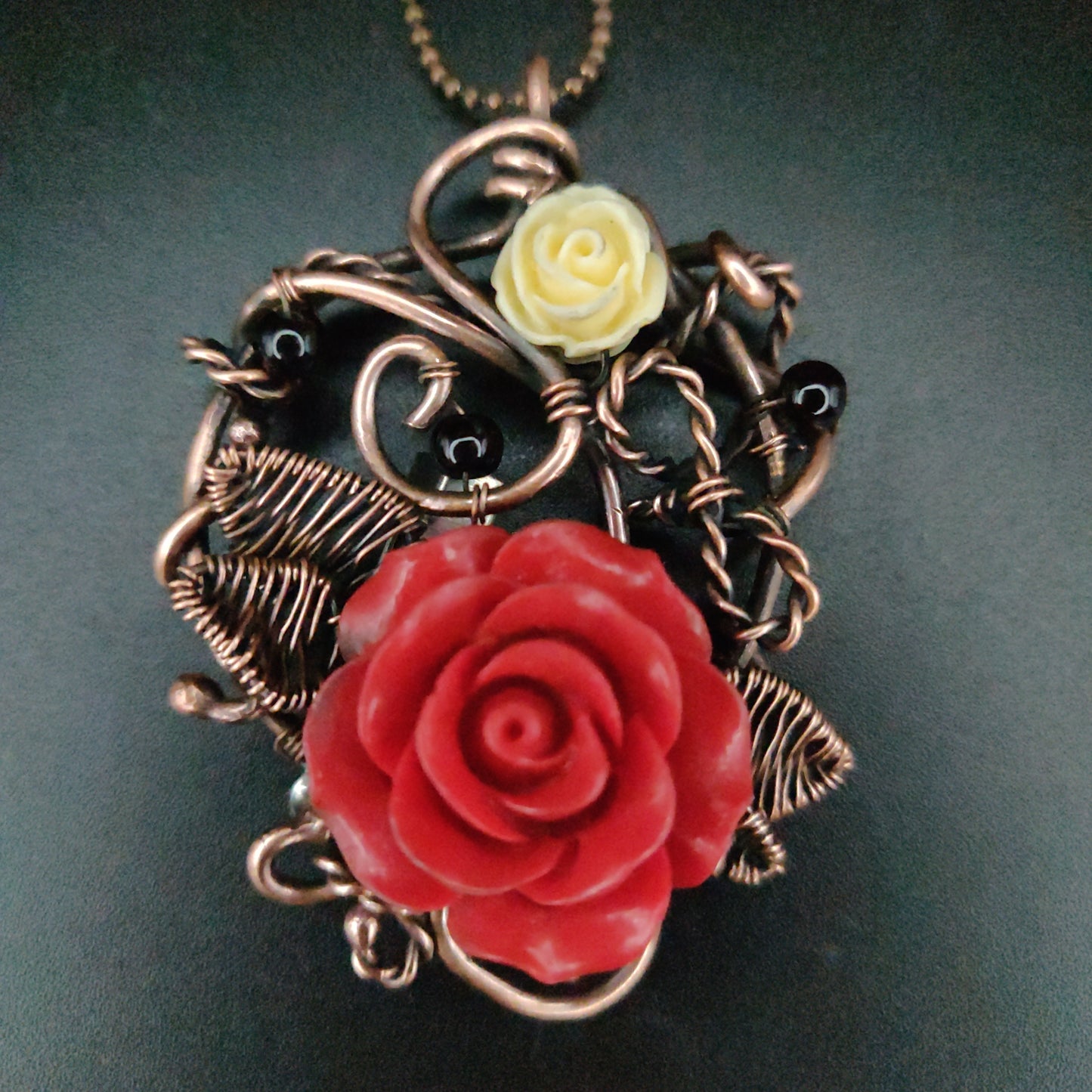 Antique Copper Red Rose Pendant/Brooch