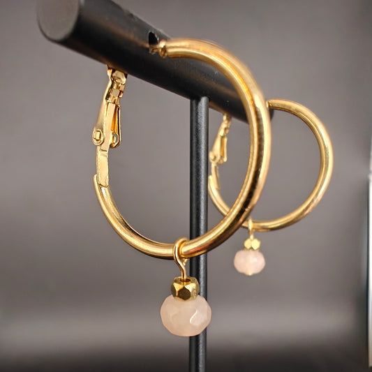 Gold Hoop Earrings with Pink Quartz Drop Bead